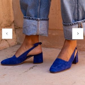 Brand new never worn blue suede slingback with block heel